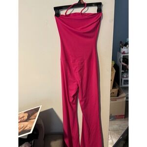 Hot Pink Halter Flare Leg Jumpsuit Womens Medium Athletic Yoga Bodysuit